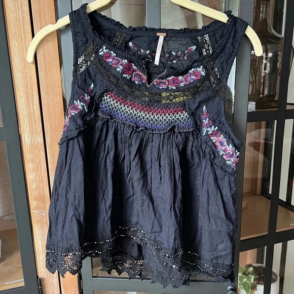Free People Tops - Vintage Free People beaded embroidered smock top blouse tank flowy lace babydoll